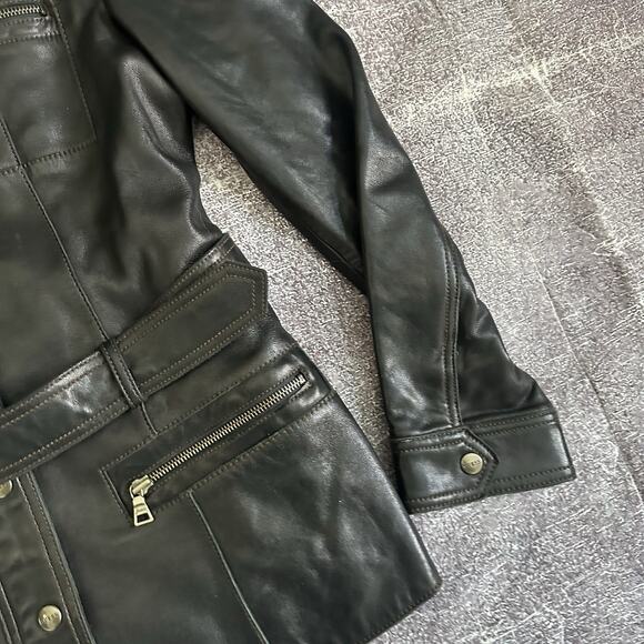 Womens Vintage Y2K Guess Soft Black Leather Belted Zip Up Motorcycle Jacket Sz L - Picture 2 of 4